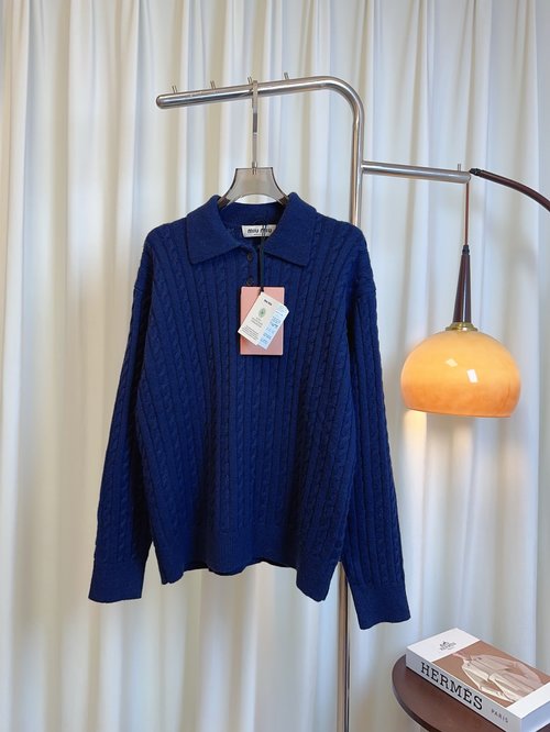 Miu Miu Twisted Neck Logo Wool Top, Button Collar, Fashionable