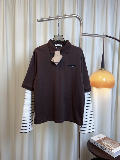 Miu Miu Customized Cotton Long-sleeved Collared T-shirt with False Two-piece Design, Stylish and Timeless