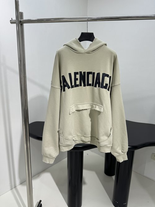 Balenciaga Vintage Tape Logo Hoodie with Distressed Wash and Patch Pockets