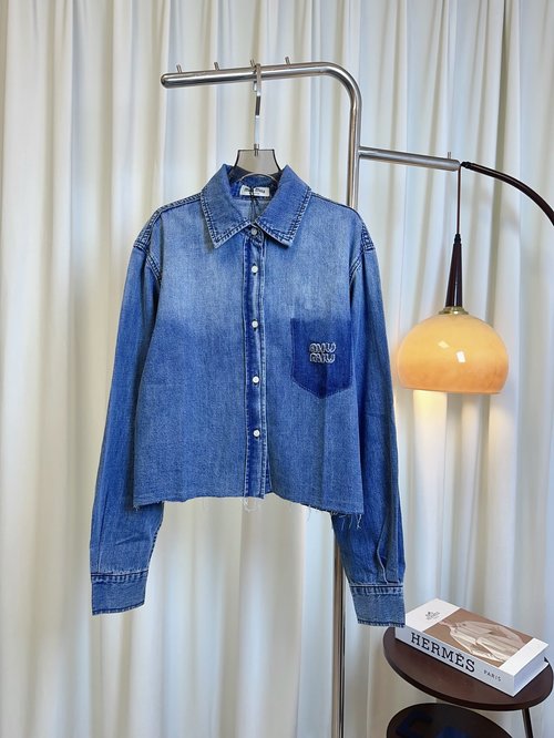 Miu Miu Casual Wide-Profile Fringe-Edge Denim Jacket with Logo