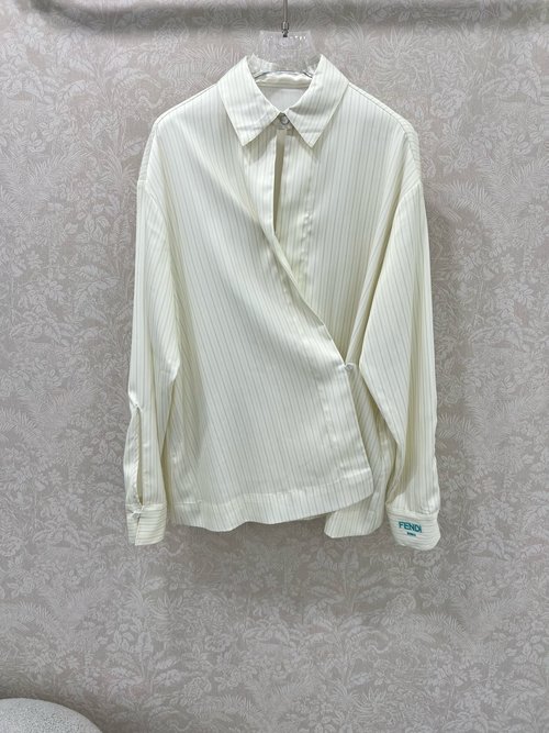 Fendi Vintage Collar Striped Polyester Shirt with Embroidered Cuffs and Custom Hardware