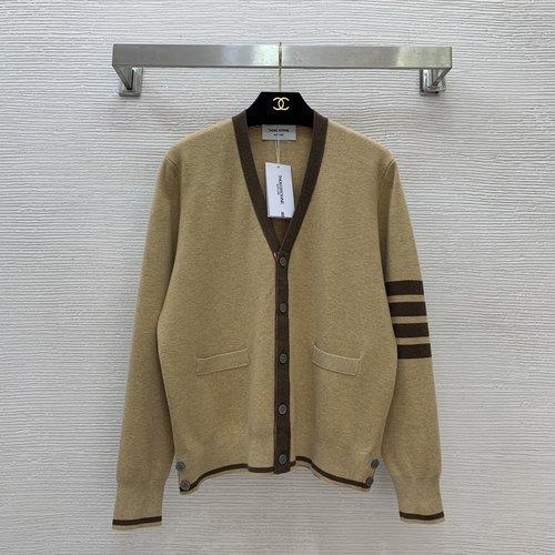 Thom Browne High - end Custom Wool V - neck Knit Cardigan with Stripes