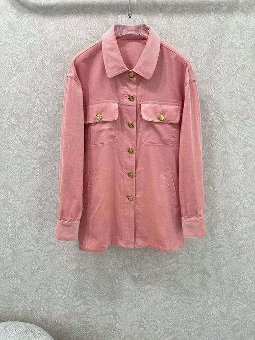 Celine Retro Pink Collared Shirt Jacket with Logo Buttons