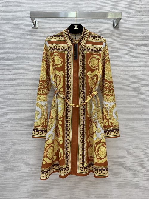 Versace Baroque Printed Button-Down Long Sleeve Dress with Gold Buckle