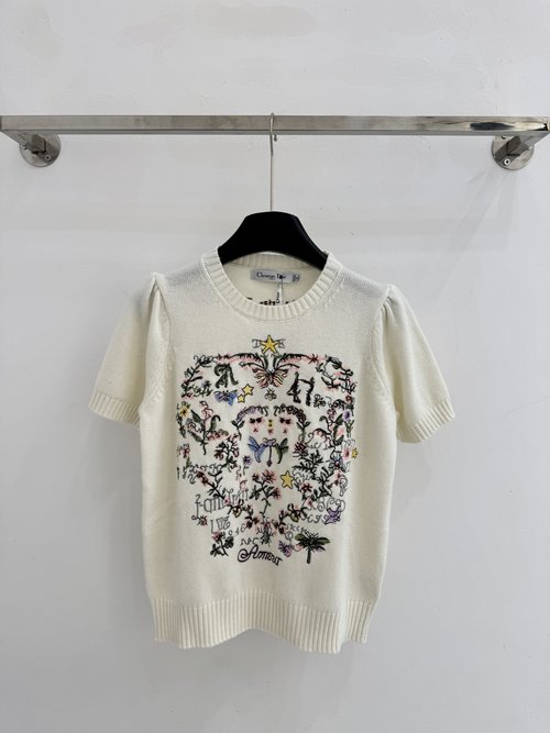 Dior Pure White Knit Sweater with Exquisite Embroidery, Elegant