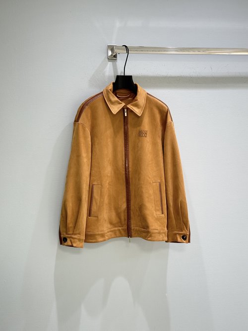 Miu Miu Elegant Suede Leather Jacket in Earthy Tones for All Seasons