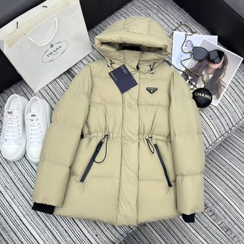 Prada New Hooded Down Jacket with Waist Drawstring and Logo