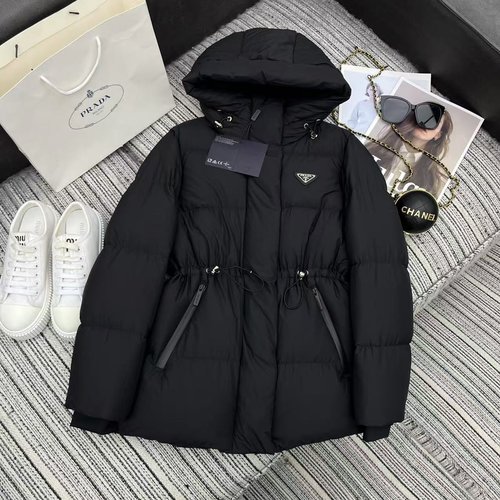 Prada Recommended Down Hooded Jacket with Waist Drawstring and Logo