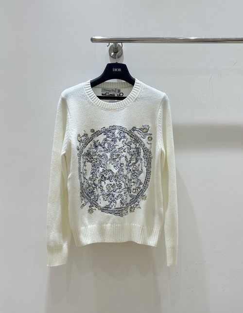 Dior Blue Embroidered Round - Neck Knit for Early Autumn