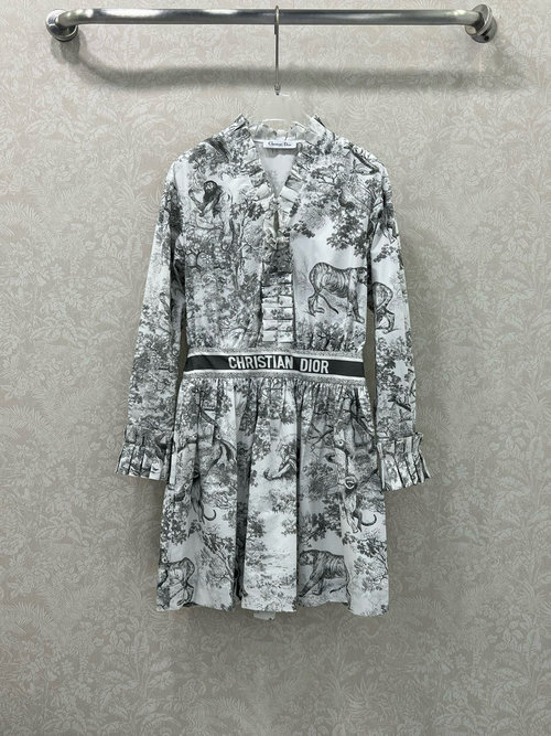 Dior Ruffled Long-sleeve Dress with Tiger Print and Waist Logo Decoration