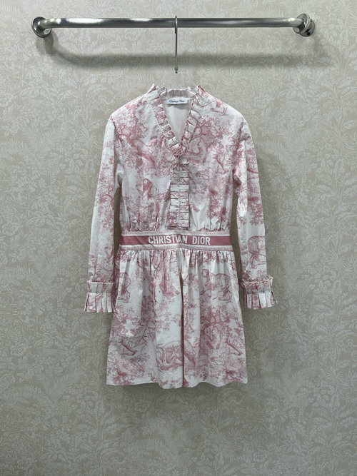 Dior Ruffled Long-sleeve Dress with Tiger Print and Waist Logo Decoration