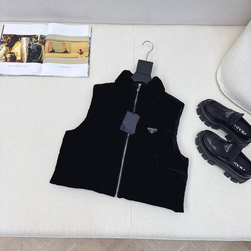 Prada Velvet Stand - Collar Down Vest, H - Style, Practical and Warm