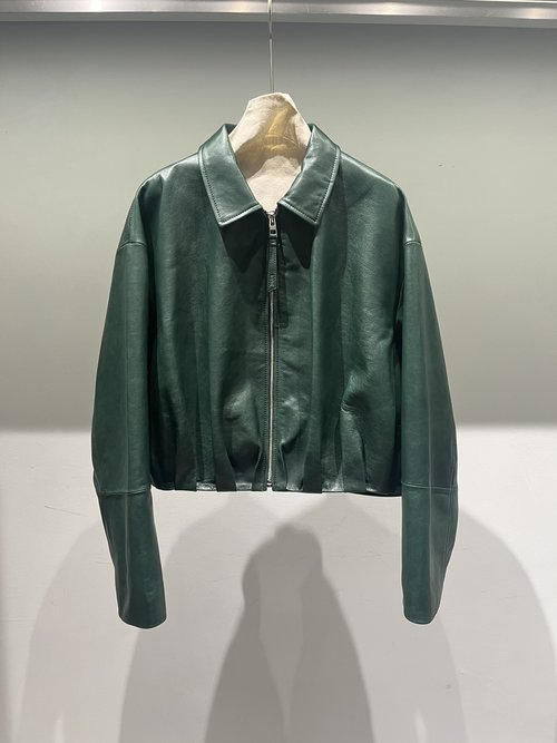 Loewe Green Waxed Leather Coat with Brand Logo and Oil Edge