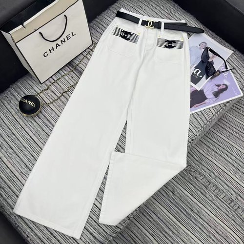 Chanel Recommended Double C Striped Pocket Straight-Leg Jeans with Belt