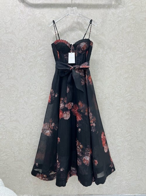Zimmermann Rose Print Sling Dress with Rhinestone Straps, Linen Fabric, and Big Swing Skirt