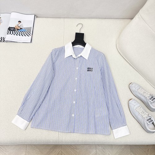 Miu Miu Detachable Striped Short Shirt with Logo Embroidery, Breathable Fabric