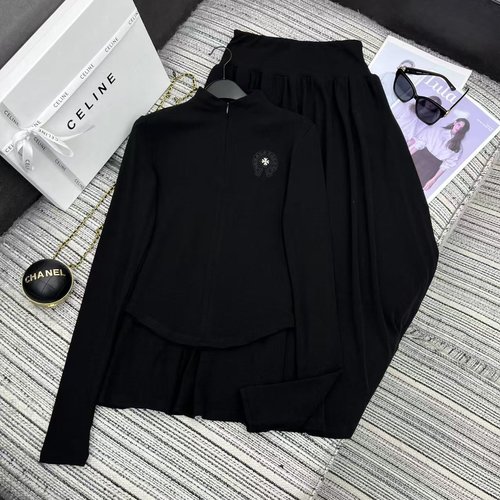 Chrome Hearts Recommended Cro Series Zip-up Collar Top with Skirt Set, Embroidered Cross