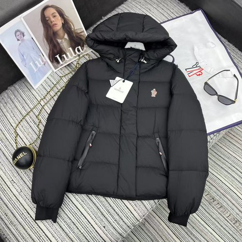 Moncler Mon Series Long - Sleeve Down Coat with Hood and Embroidered Details, Fully Filled with 90% Goose Down