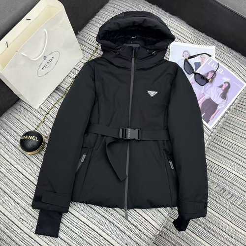 Prada Classic Triangle Logo Down Jacket with Custom Belt and Premium Down Fill