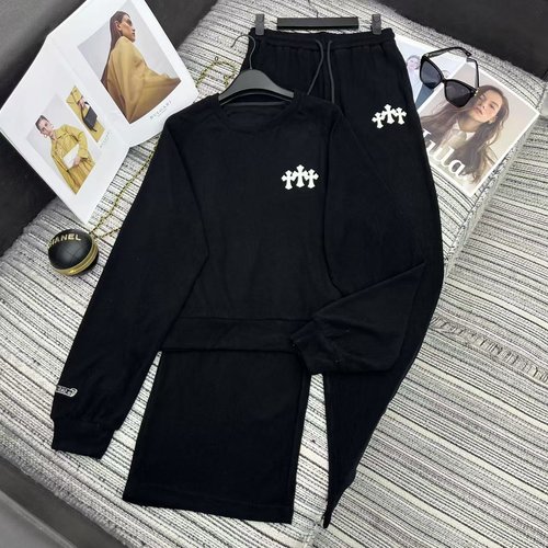 Chrome Hearts Recommended Cro Series Flocked Cross Embroidery Hoodie with Wide-leg Pants Set