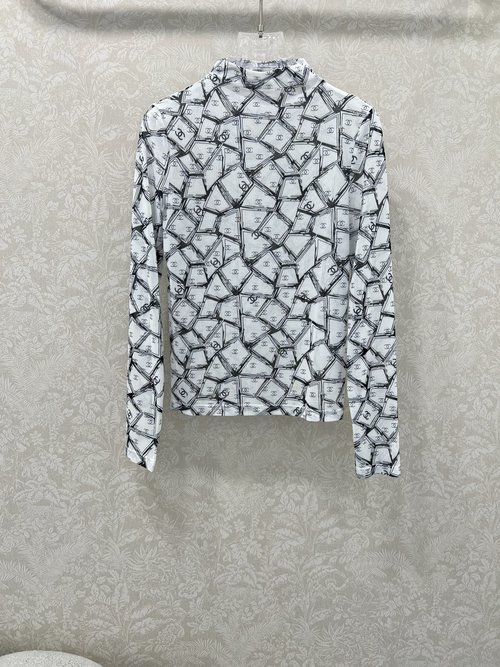 Chanel Stylish Small-Collar Double-C Print Mesh Top for Layering