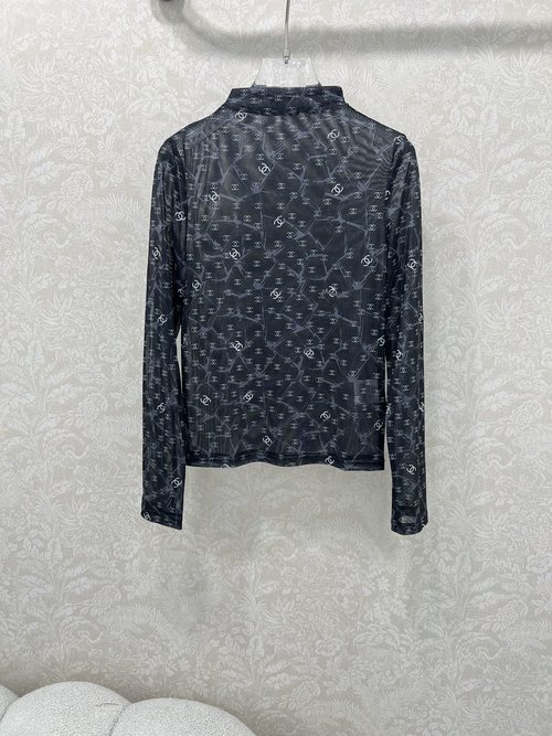 Chanel Stylish Small-Collar Double-C Print Mesh Top for Layering