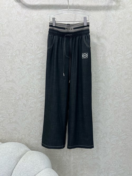 Loewe New Arrival Double Waistband Stitch Wide - Leg Embroidered Pants