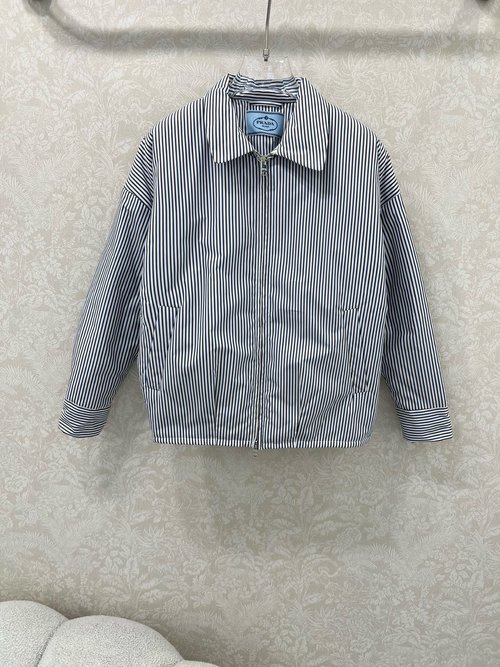 Prada College Style Striped Hooded Cotton Jacket