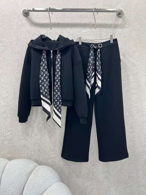 Louis Vuitton Old Flower Silk Scarf Set with Hoodie and Wide-Leg Pants Ensemble