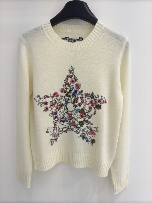 Dior White Pullover Sweater with Star Embroidery, Fashionable