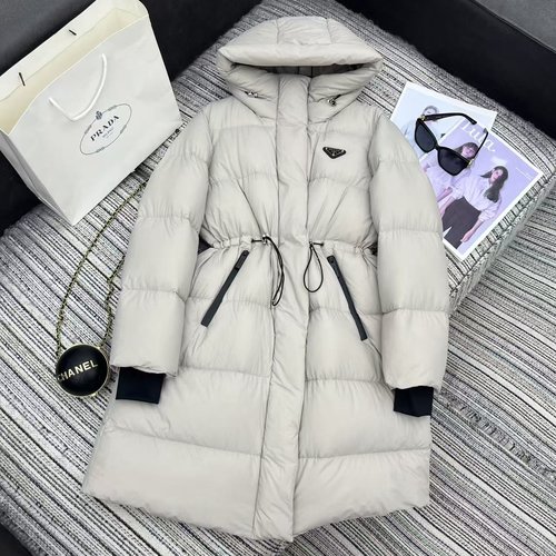 Prada New Hooded Down Jacket with Waist Drawstring and Logo