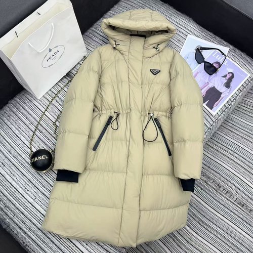 Prada New Hooded Down Jacket with Waist Drawstring and Logo