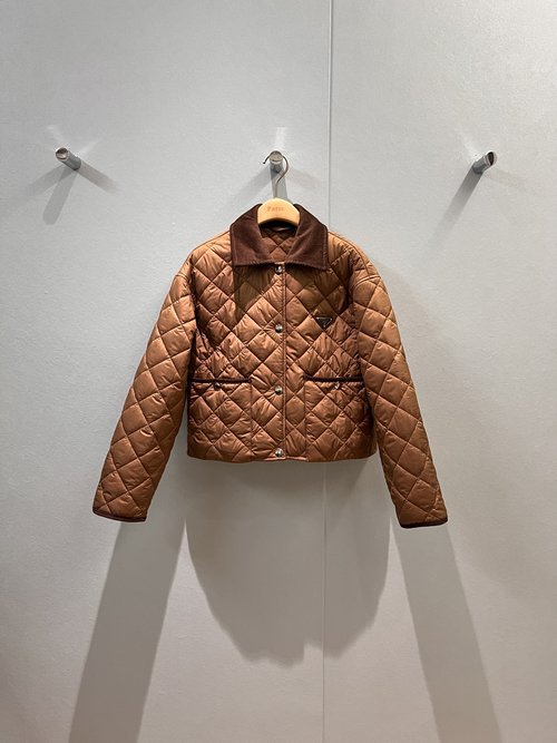 Prada Corduroy Collar Short Quilted Cotton Jacket with Badge