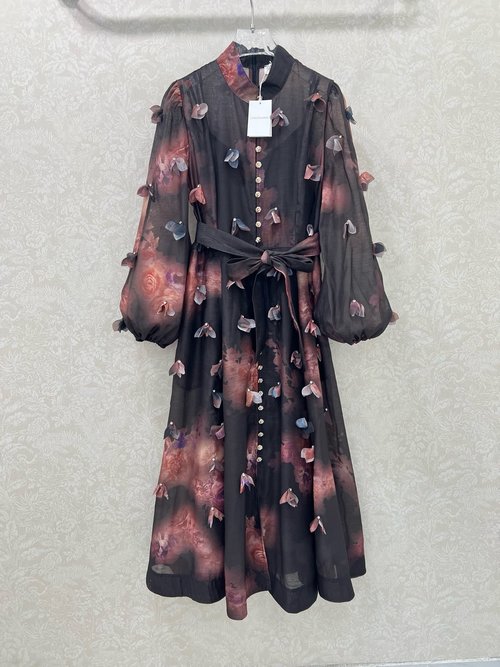 Zimmermann Elegant Print Series Dress with Stand Collar, Lantern Sleeves and Full Skirt