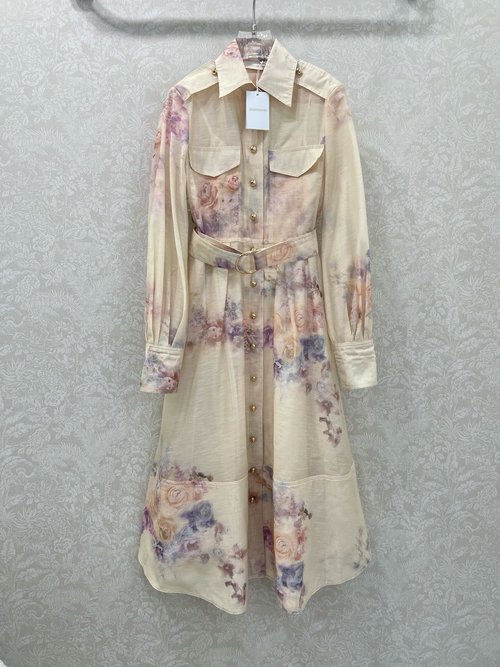 Zimmermann New Arrival Rose Floral Print Dress with Turn - down Collar and Puff Sleeves