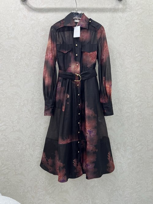Zimmermann New Arrival Rose Floral Print Dress with Turn - down Collar and Puff Sleeves