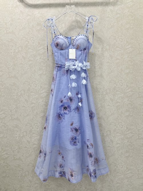 Zimmermann Flower Cluster Printed Sling Dress with Shoulder Diamond Decor