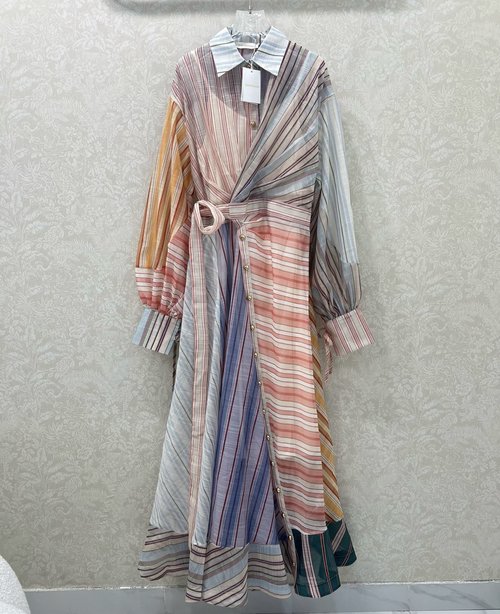 Zimmermann Elegant Striped Long Dress with Collar and Oversized Skirt