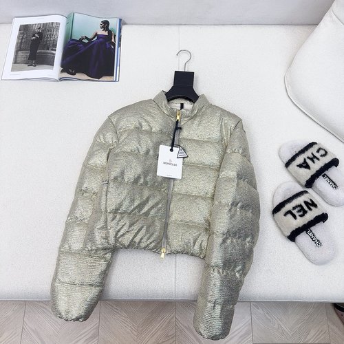 Moncler Silver Shiny Collared Short Down Jacket, Stylish and Warm