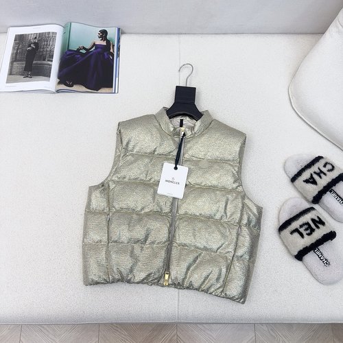 Moncler Silver Shining Stand-up Collar Down Vest, Unique Design, 90% White Duck Down Filled