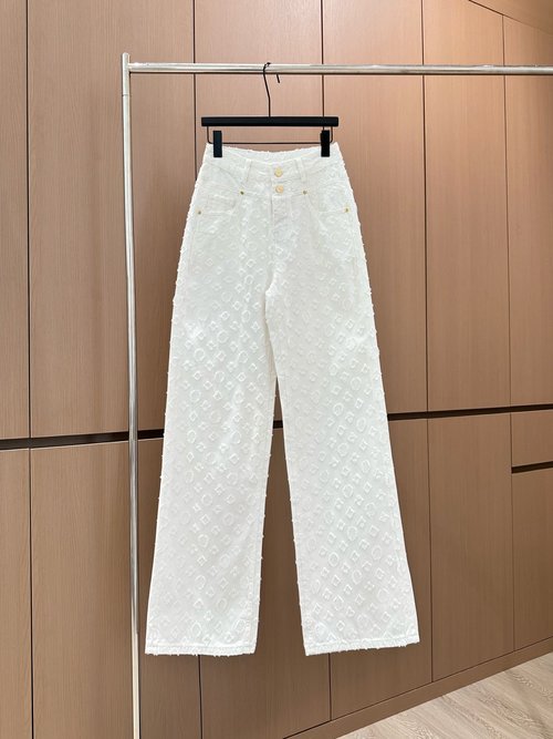 Louis Vuitton Designer Original Textured Denim Jeans in White and Platinum, Elegant Design