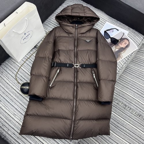 Prada Exclusive Hooded Mid-length Down Jacket with Logo