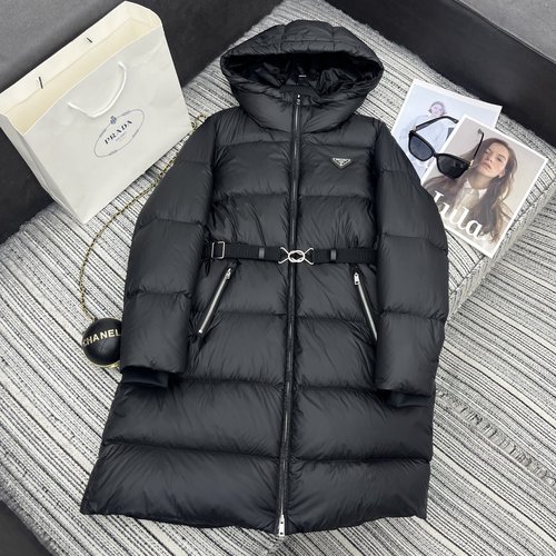 Prada Exclusive Long Padded Jacket with Inverted Triangle Logo, Lightweight and Filled with 90% White Goose Down