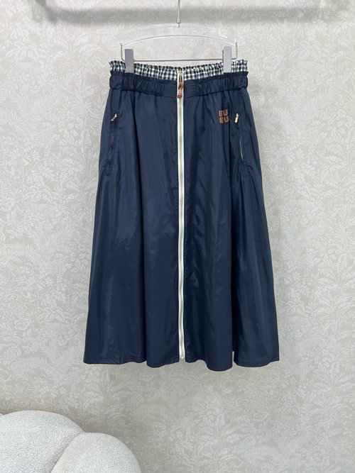 Miu Miu Blue Nylon Skirt with Double Waistband and Logo Embellishment