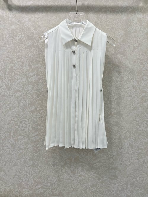Chanel Pleated Silk Sleeveless Shirt with Engraved Buttons
