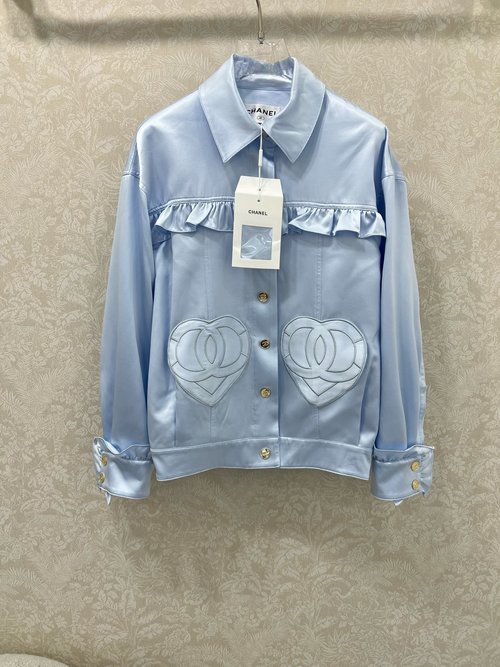 Chanel Blue Silk Shirt with Heart-shaped Double C Lace
