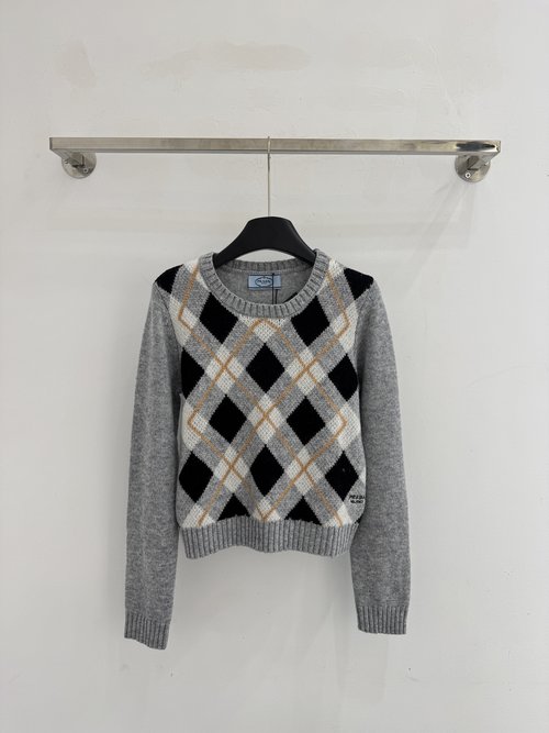 Prada Retro Prism Checked Round - Neck Long - Sleeve Sweater