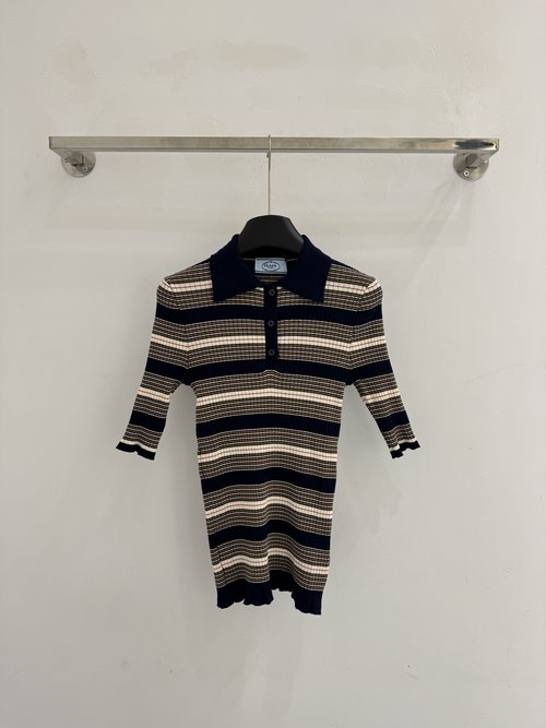 Prada Contrast Polo-Neck Half-Open Striped Sweater
