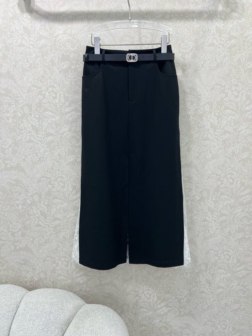 Dior Solid Color Skirt with Lace Trim and Custom CD Studded Belt