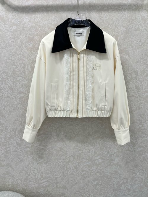 Miu Miu Contrast Collar Jacket with Ruffled Lace Trim